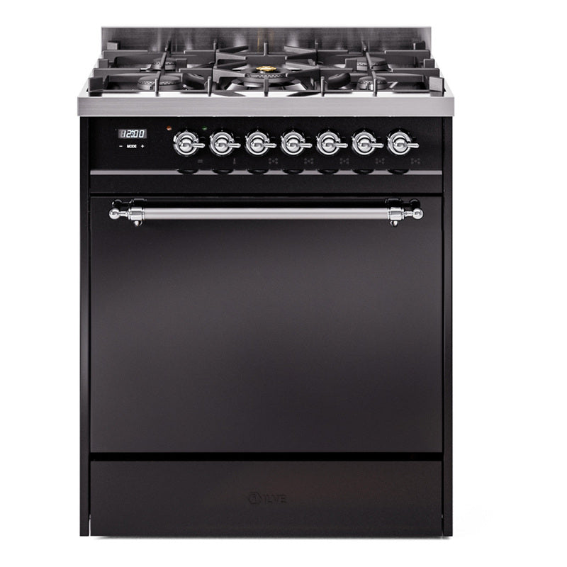 Ilve UP30QNMPBKC Nostalgie Ii 30 Inch Dual Fuel Natural Gas Freestanding Range In Black With Chrome Trim