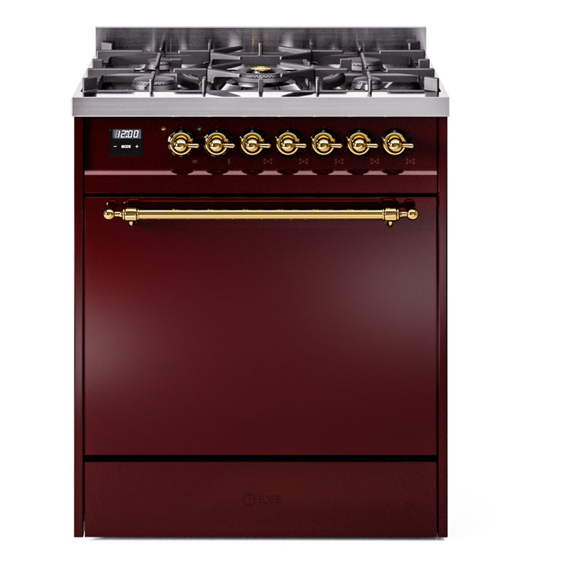 Ilve UP30QNMPBUG Nostalgie Ii 30 Inch Dual Fuel Natural Gas Freestanding Range In Burgundy With Brass Trim