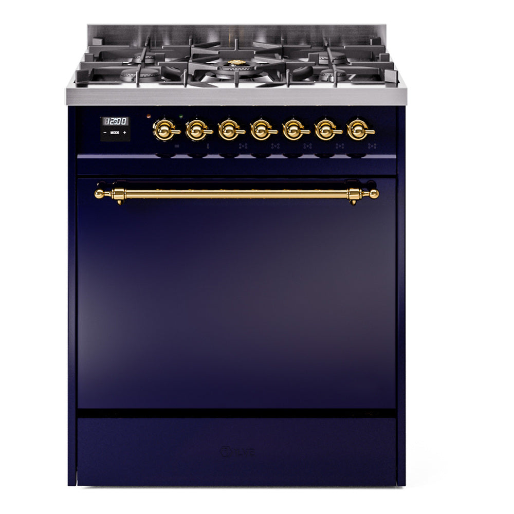 Ilve UP30QNMPMBG Nostalgie Ii 30 Inch Dual Fuel Natural Gas Freestanding Range In Blue With Brass Trim
