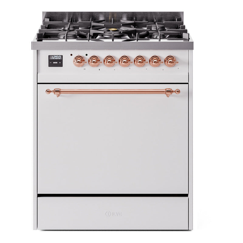 Ilve UP30QNMPWHP Nostalgie Ii 30 Inch Dual Fuel Natural Gas Freestanding Range In White With Copper Trim