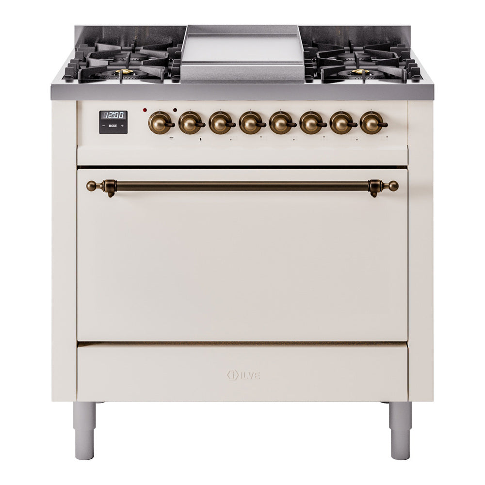 Ilve UP36FQNMPAWB Nostalgie Ii 36 Inch Dual Fuel Natural Gas Freestanding Range In Antique White With Bronze Trim