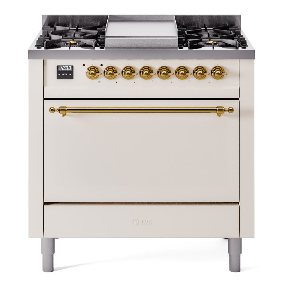 Ilve UP36FQNMPAWG Nostalgie Ii 36 Inch Dual Fuel Natural Gas Freestanding Range In Antique White With Brass Trim