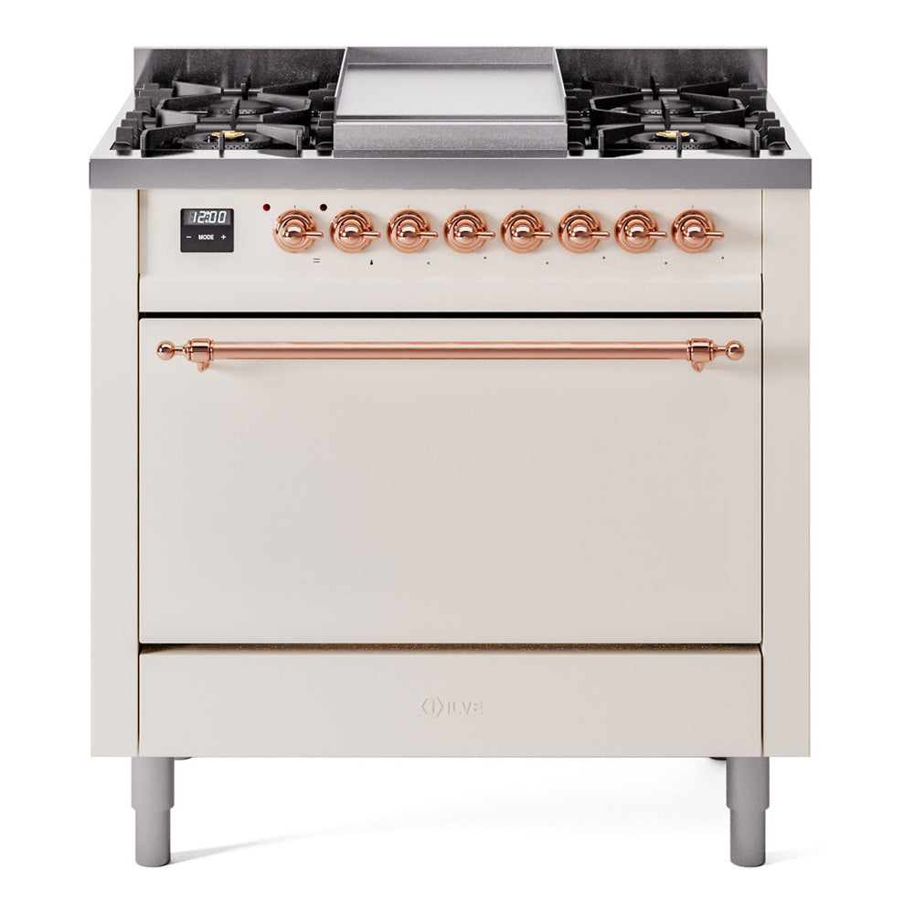 Ilve UP36FQNMPAWP Nostalgie Ii 36 Inch Dual Fuel Natural Gas Freestanding Range In Antique White With Copper Trim