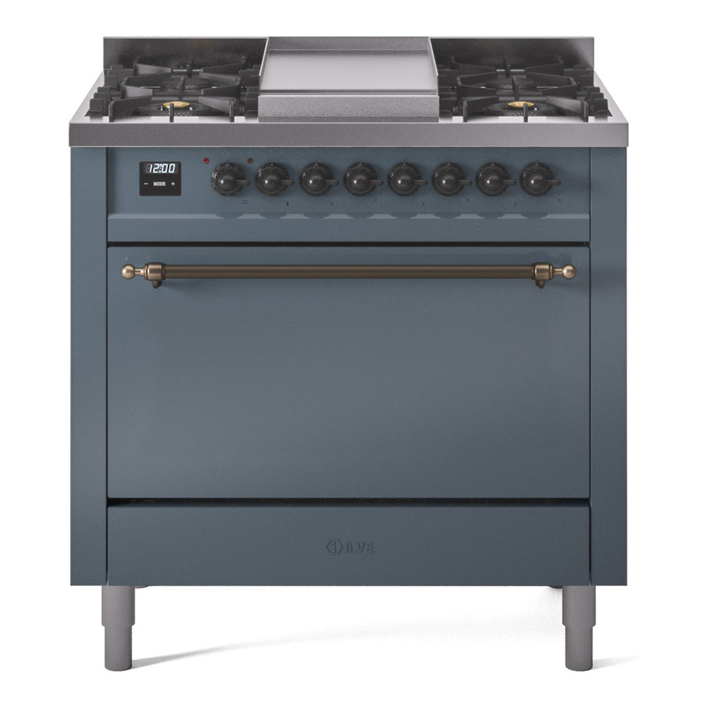 Ilve UP36FQNMPBGB Nostalgie Ii 36 Inch Dual Fuel Natural Gas Freestanding Range In Blue Grey With Bronze Trim