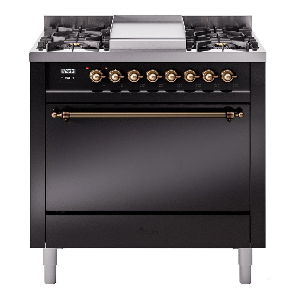 Ilve UP36FQNMPBKB Nostalgie Ii 36 Inch Dual Fuel Natural Gas Freestanding Range In Black With Bronze Trim