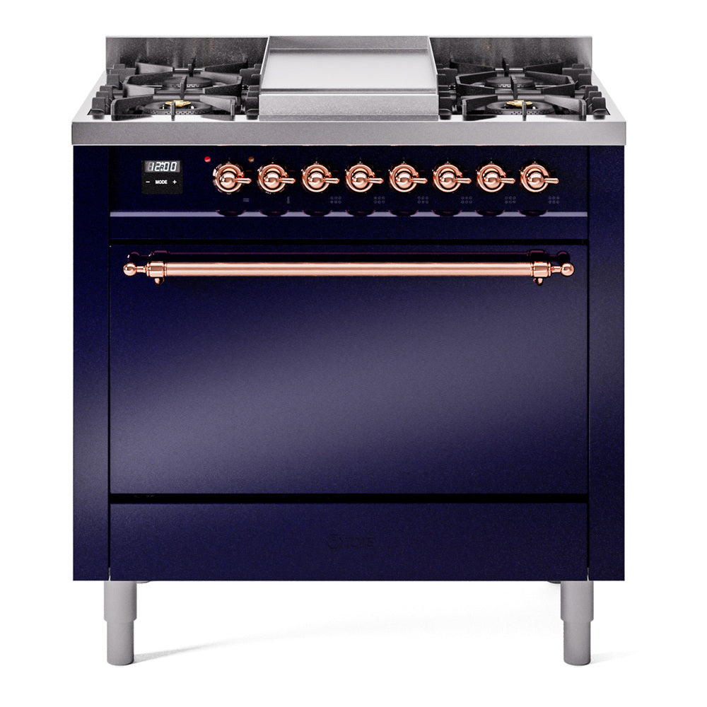 Ilve UP36FQNMPMBP Nostalgie Ii 36 Inch Dual Fuel Natural Gas Freestanding Range In Blue With Copper Trim