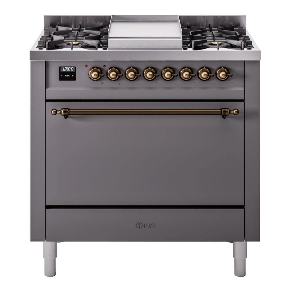 Ilve UP36FQNMPMGB Nostalgie Ii 36 Inch Dual Fuel Natural Gas Freestanding Range In Matte Graphite With Bronze Trim
