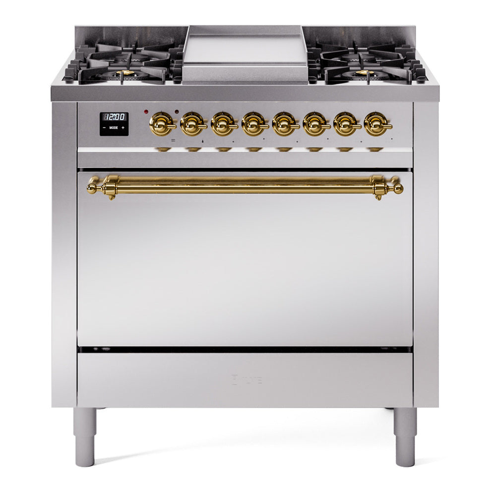 Ilve UP36FQNMPSSGLP Nostalgie Ii 36 Inch Dual Fuel Liquid Propane Freestanding Range In Stainless Steel With Brass Trim