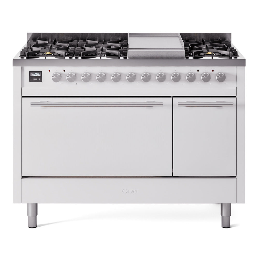 Ilve UP48FQMPWHLP Professional Plus Ii 48 Inch Dual Fuel Liquid Propane Freestanding Range In White With Trim