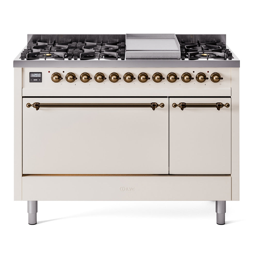 Ilve UP48FQNMPAWB Nostalgie Ii 48 Inch Dual Fuel Natural Gas Freestanding Range In Antique White With Bronze Trim