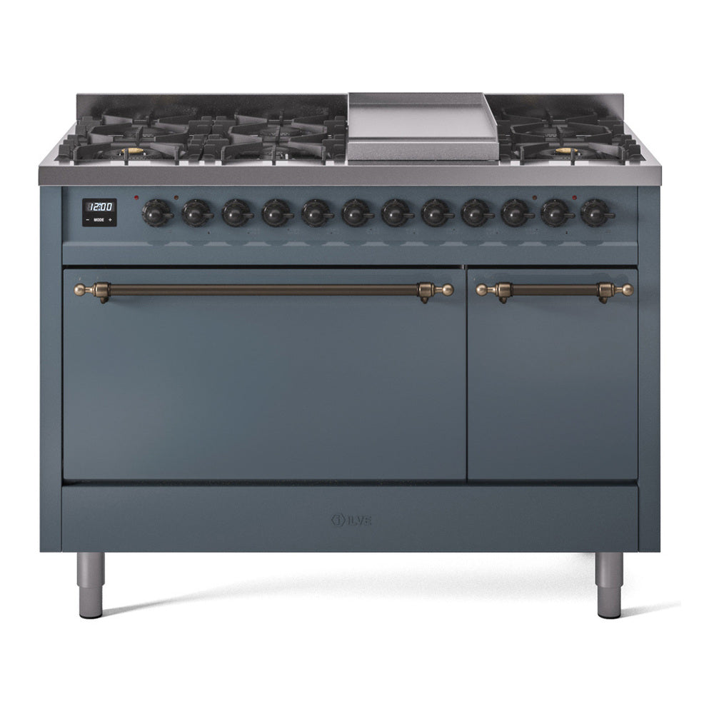 Ilve UP48FQNMPBGB Nostalgie Ii 48 Inch Dual Fuel Natural Gas Freestanding Range In Blue Grey With Bronze Trim