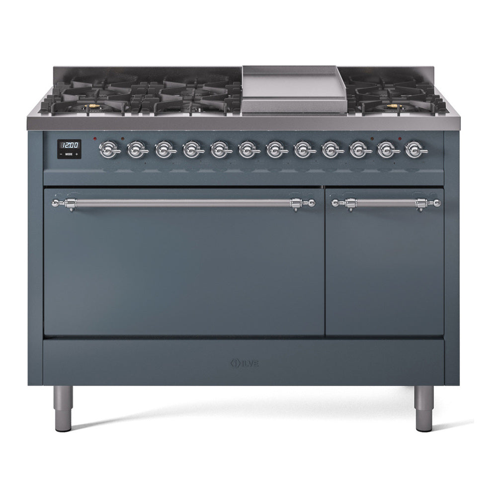 Ilve UP48FQNMPBGC Nostalgie Ii 48 Inch Dual Fuel Natural Gas Freestanding Range In Blue Grey With Chrome Trim