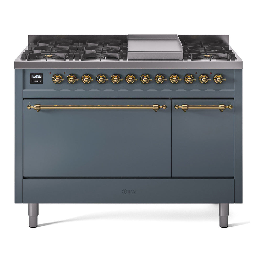 Ilve UP48FQNMPBGG Nostalgie Ii 48 Inch Dual Fuel Natural Gas Freestanding Range In Blue Grey With Brass Trim