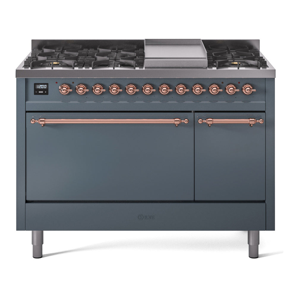 Ilve UP48FQNMPBGP Nostalgie Ii 48 Inch Dual Fuel Natural Gas Freestanding Range In Blue Grey With Copper Trim