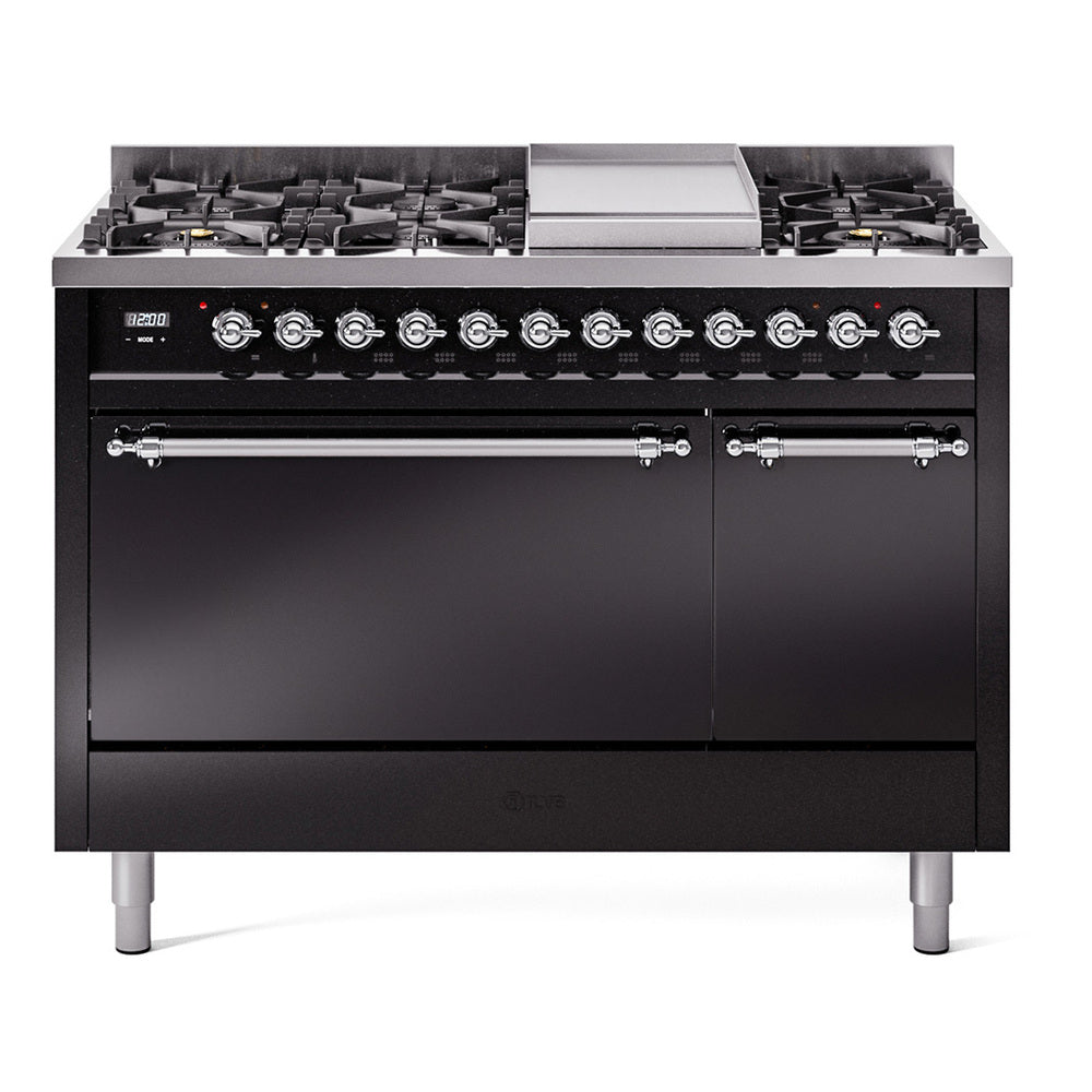 Ilve UP48FQNMPBKC Nostalgie Ii 48 Inch Dual Fuel Natural Gas Freestanding Range In Black With Chrome Trim