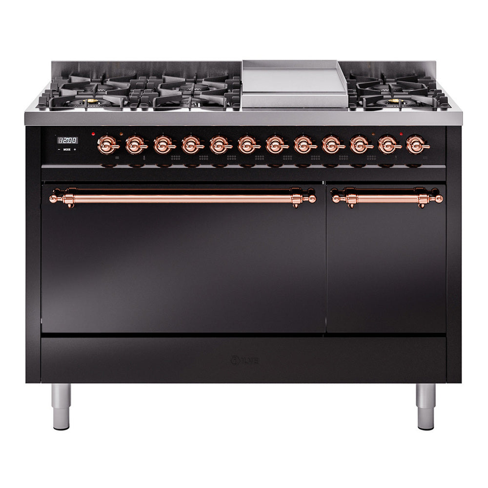 Ilve UP48FQNMPBKGLP Nostalgie Ii 48 Inch Dual Fuel Liquid Propane Freestanding Range In Glossy Black With Brass Trim