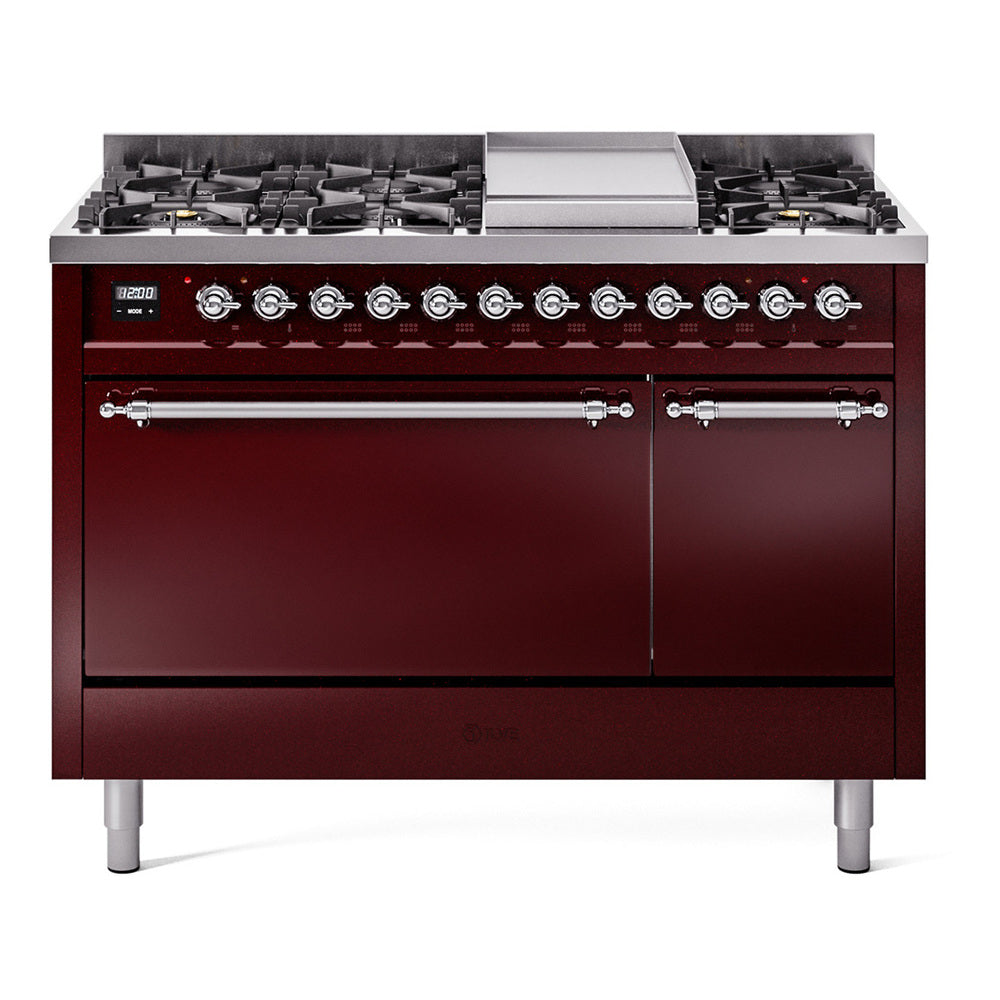 Ilve UP48FQNMPBUC Nostalgie Ii 48 Inch Dual Fuel Natural Gas Freestanding Range In Burgundy With Chrome Trim