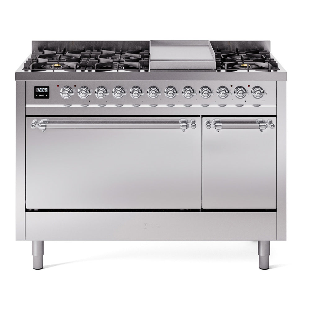 Ilve UP48FQNMPSSC Nostalgie Ii 48 Inch Dual Fuel Natural Gas Freestanding Range In Stainless Steel With Chrome Trim