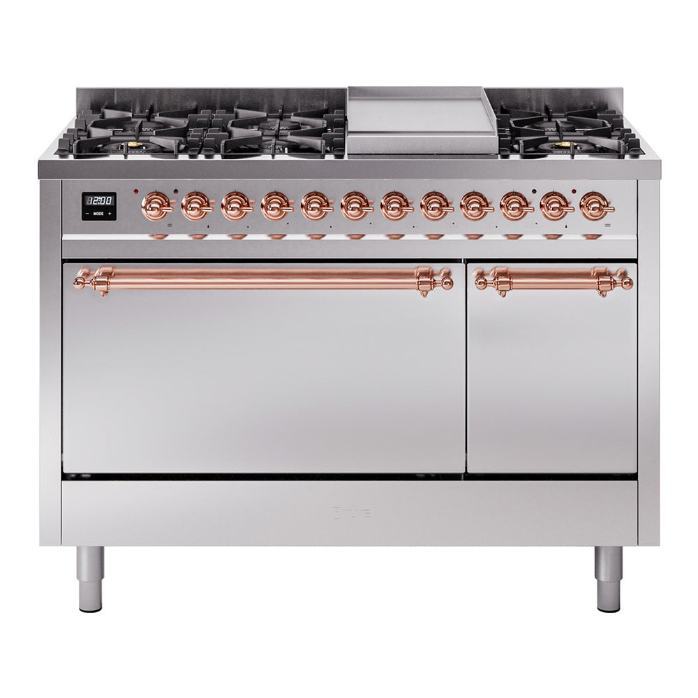 Ilve UP48FQNMPSSP Nostalgie Ii 48 Inch Dual Fuel Natural Gas Freestanding Range In Stainless Steel With Copper Trim