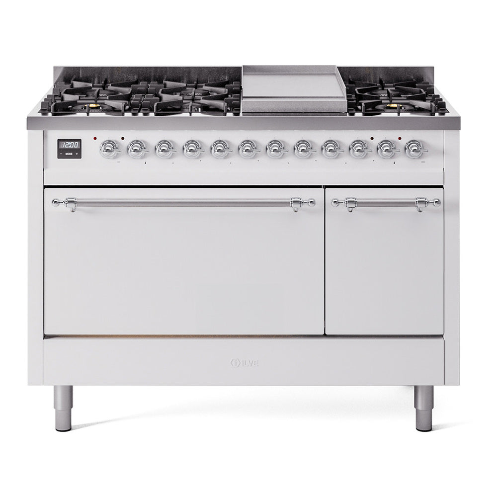 Ilve UP48FQNMPWHC Nostalgie Ii 48 Inch Dual Fuel Natural Gas Freestanding Range In White With Chrome Trim
