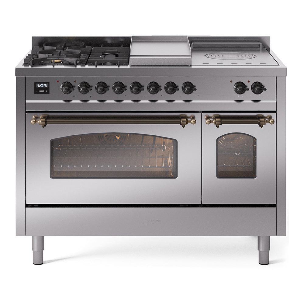 Ilve UP48FSNMPSSB Nostalgie Ii 48 Inch Dual Fuel Natural Gas Freestanding Range In Stainless Steel With Bronze Trim