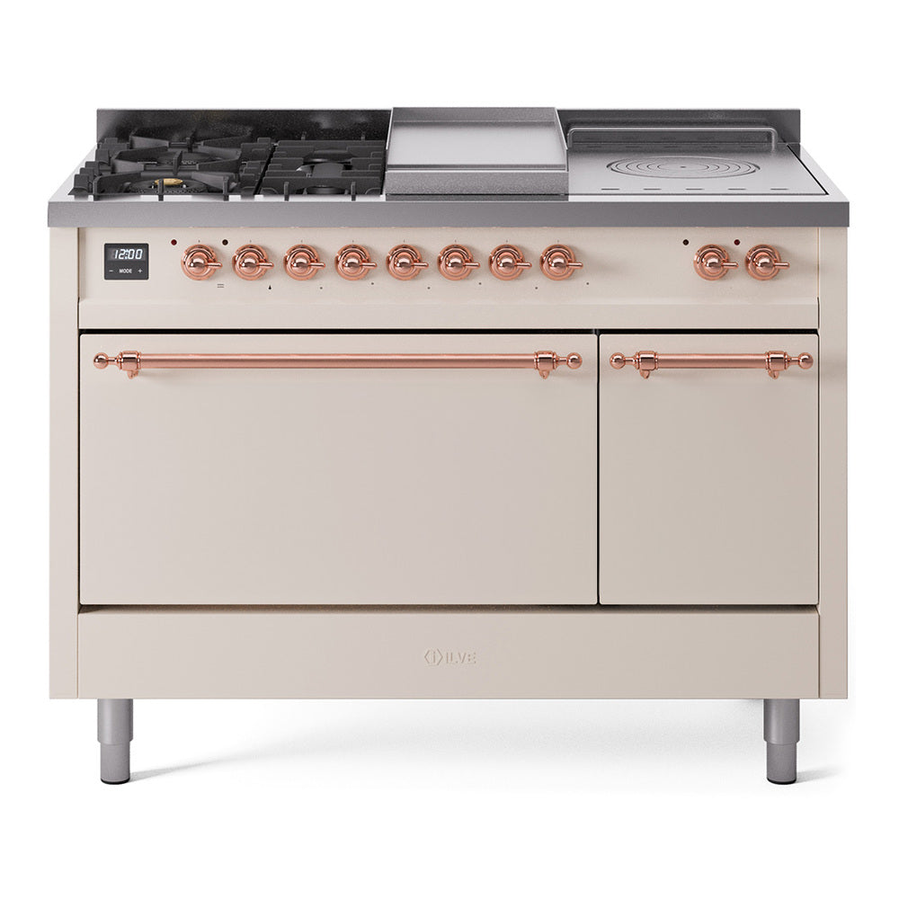 Ilve UP48FSQNMPAWP Nostalgie Ii 48 Inch Dual Fuel Natural Gas Freestanding Range In Antique White With Copper Trim