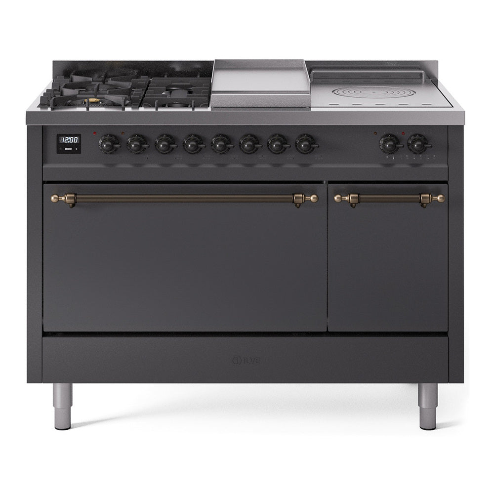 Ilve UP48FSQNMPMGB Nostalgie Ii 48 Inch Dual Fuel Natural Gas Freestanding Range In Matte Graphite With Bronze Trim