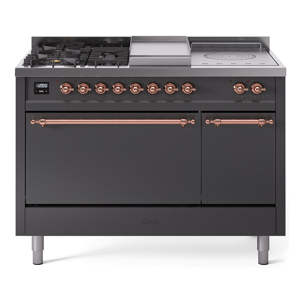 Ilve UP48FSQNMPMGP Nostalgie Ii 48 Inch Dual Fuel Natural Gas Freestanding Range In Matte Graphite With Copper Trim