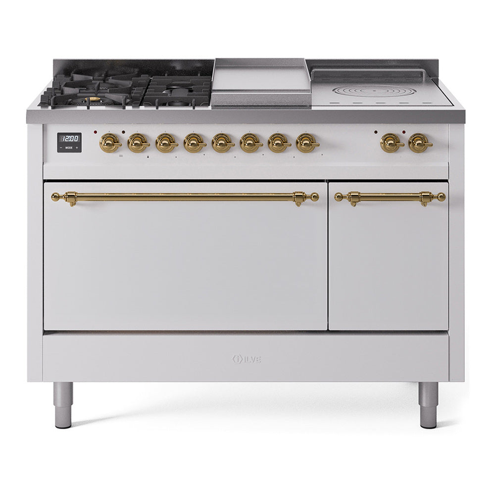 Ilve UP48FSQNMPWHG Nostalgie Ii 48 Inch Dual Fuel Natural Gas Freestanding Range In White With Brass Trim