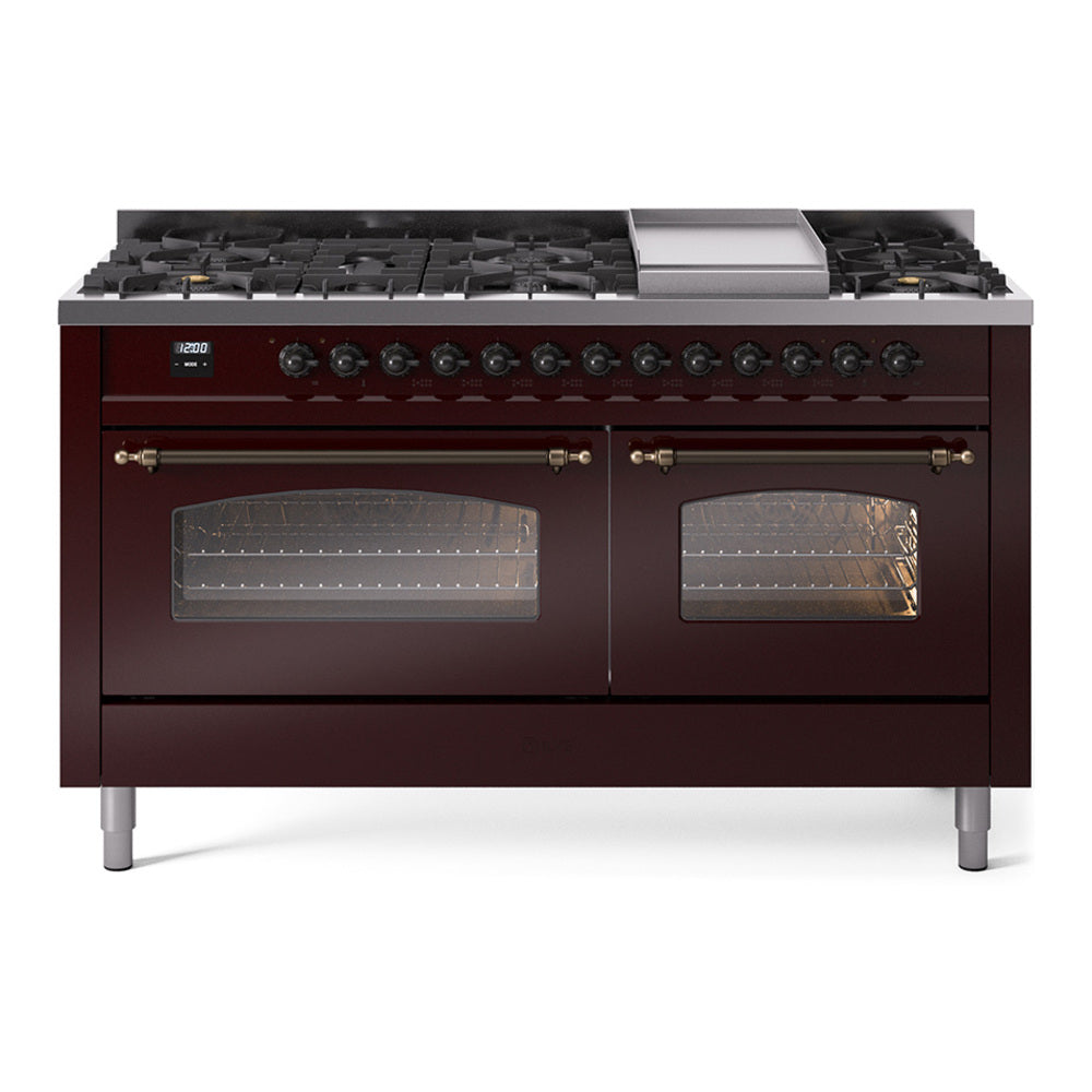 Ilve UP60FNMPBUB Nostalgie Ii 60 Inch Dual Fuel Natural Gas Freestanding Range In Burgundy With Bronze Trim