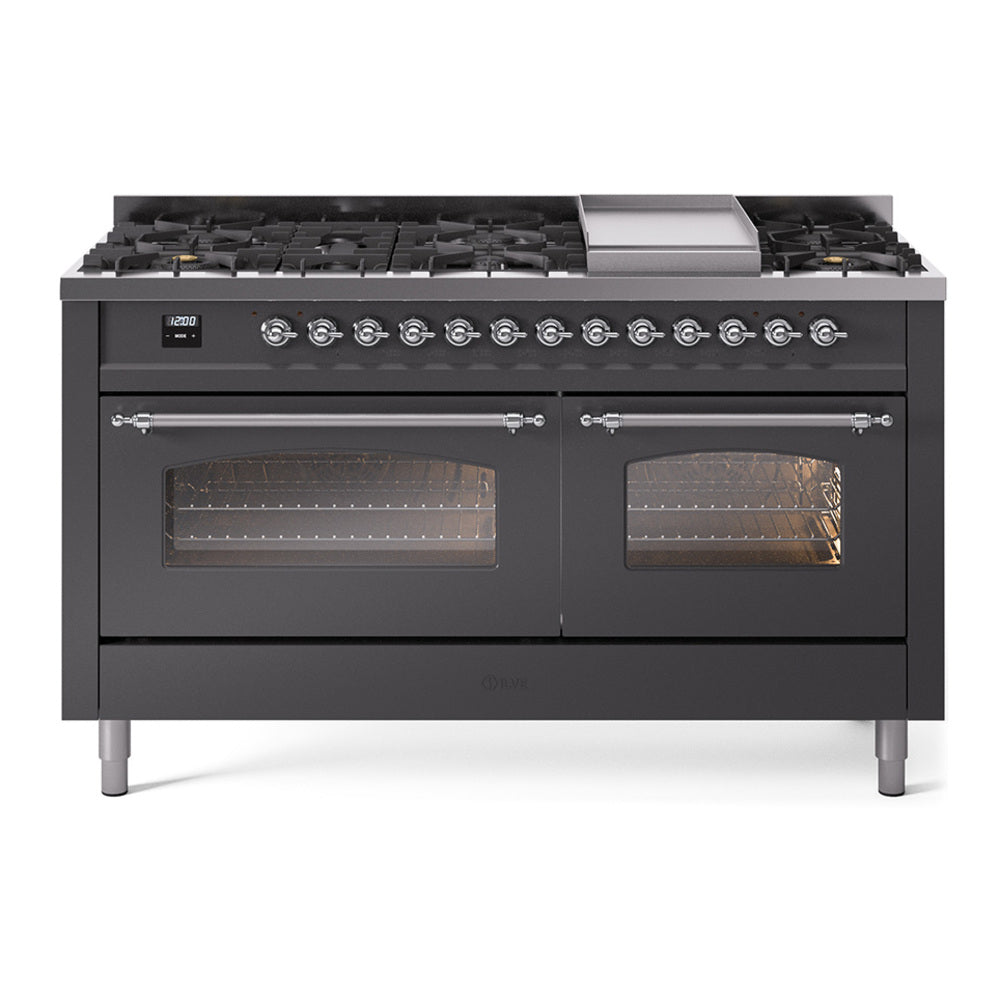 Ilve UP60FNMPMGCLP Nostalgie Ii 60 Inch Dual Fuel Liquid Propane Freestanding Range In Matte Graphite With Chrome Trim
