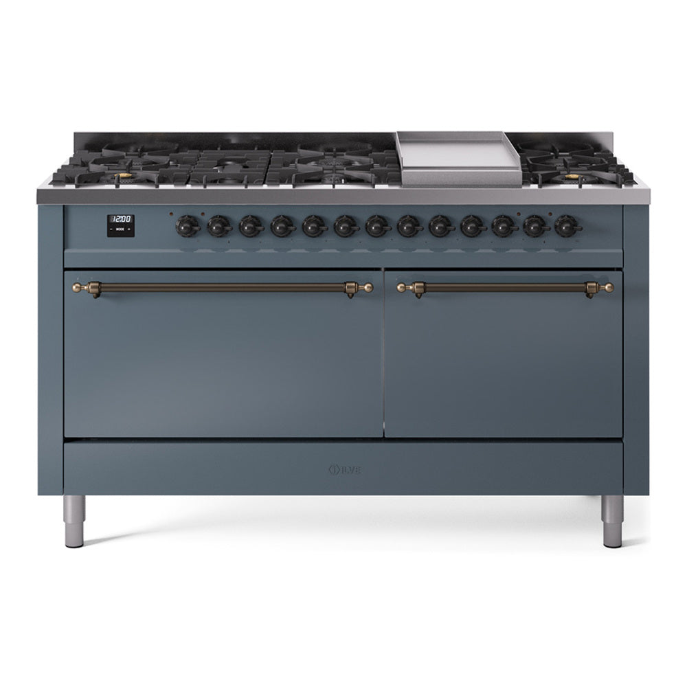 Ilve UP60FQNMPBGB Nostalgie Ii 60 Inch Dual Fuel Natural Gas Freestanding Range In Blue Grey With Bronze Trim