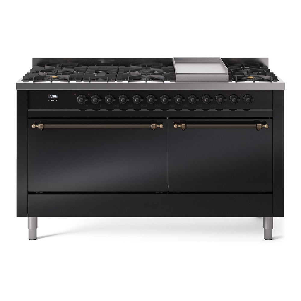 Ilve UP60FQNMPBKBLP Nostalgie Ii 60 Inch Dual Fuel Liquid Propane Freestanding Range In Glossy Black With Bronze Trim