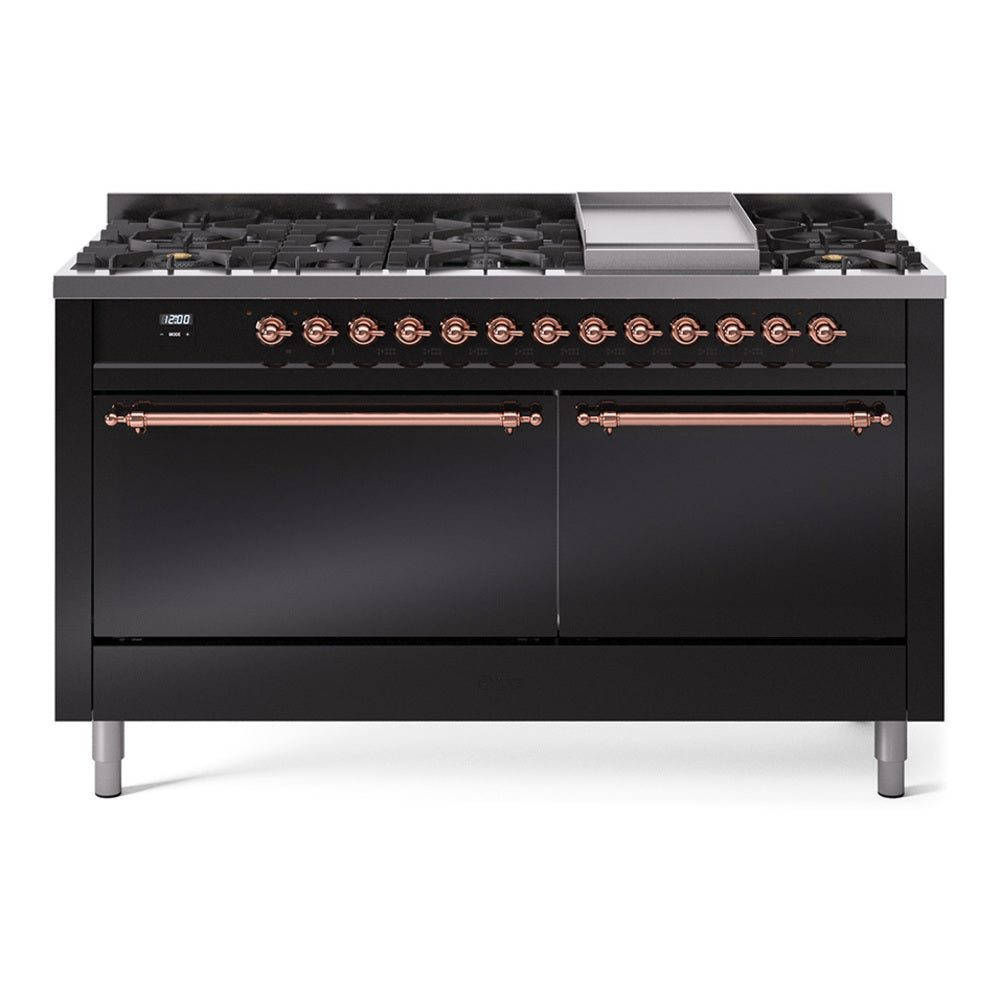 Ilve UP60FQNMPBKP Nostalgie Ii 60 Inch Dual Fuel Natural Gas Freestanding Range In Glossy Black With Copper Trim