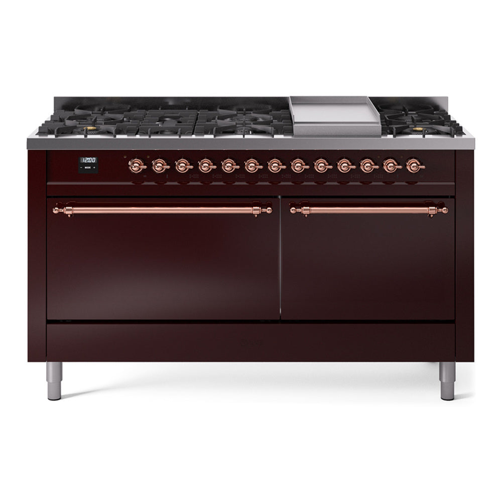 Ilve UP60FQNMPBUPLP Nostalgie Ii 60 Inch Dual Fuel Liquid Propane Freestanding Range In Burgundy With Copper Trim