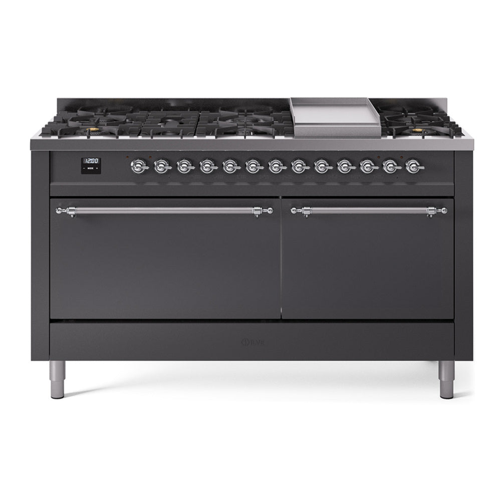Ilve UP60FQNMPMGC Nostalgie Ii 60 Inch Dual Fuel Natural Gas Freestanding Range In Matte Graphite With Chrome Trim