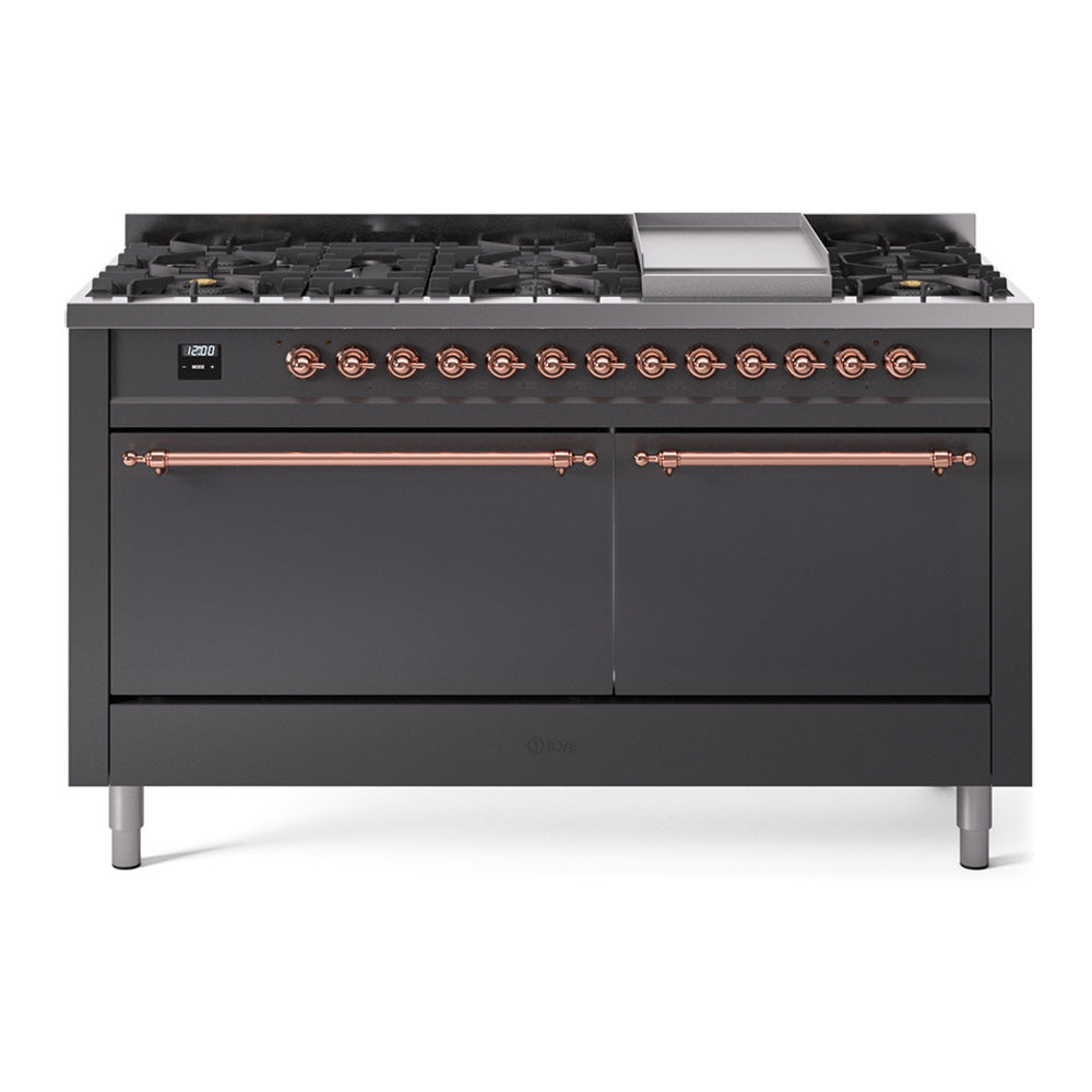 Ilve UP60FQNMPMGP Nostalgie Ii 60 Inch Dual Fuel Natural Gas Freestanding Range In Matte Graphite With Copper Trim
