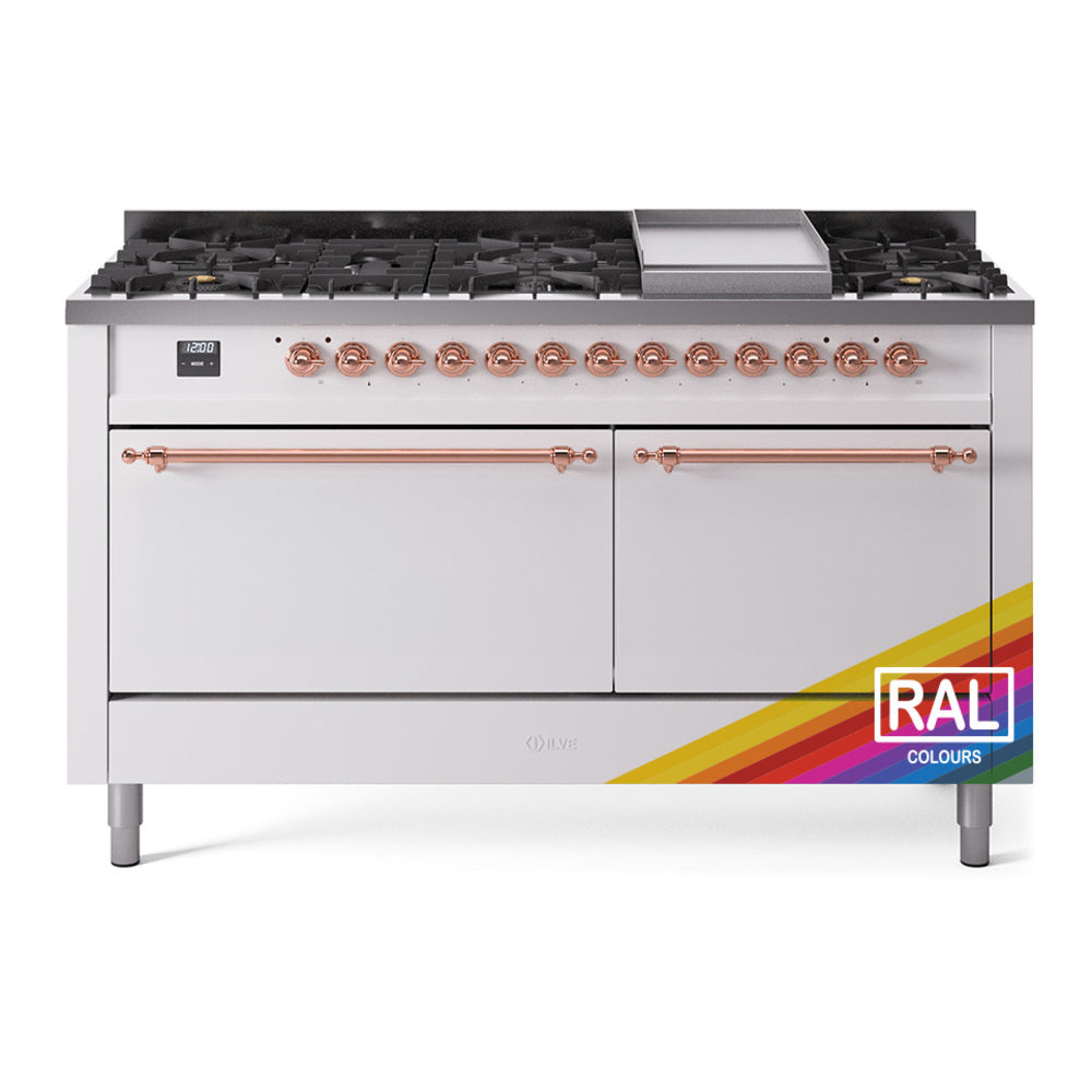 Ilve UP60FQNMPRAPLP Nostalgie Ii 60 Inch Dual Fuel Liquid Propane Freestanding Range In Ral Custom Color With Copper Trim