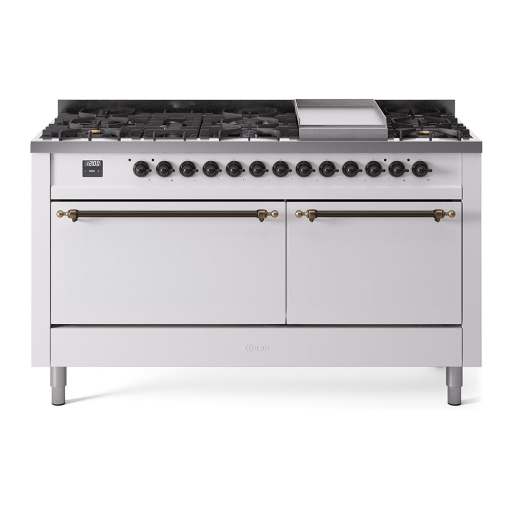 Ilve UP60FQNMPWHB Nostalgie Ii 60 Inch Dual Fuel Natural Gas Freestanding Range In White With Bronze Trim
