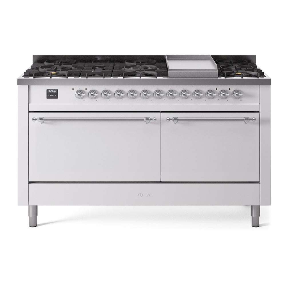 Ilve UP60FQNMPWHC Nostalgie Ii 60 Inch Dual Fuel Natural Gas Freestanding Range In White With Chrome Trim