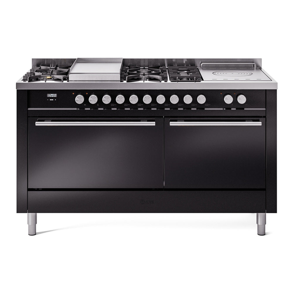 Ilve UP60FSQMPBKLP Professional Plus Ii 60 Inch Dual Fuel Liquid Propane Freestanding Range In Black With Trim