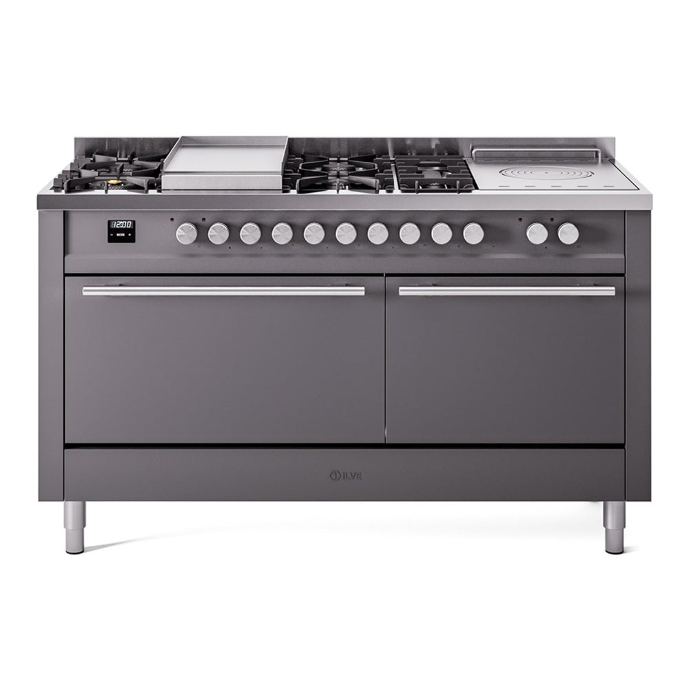 Ilve UP60FSQMPMGLP Professional Plus Ii 60 Inch Dual Fuel Liquid Propane Freestanding Range In Matte Graphite With Trim