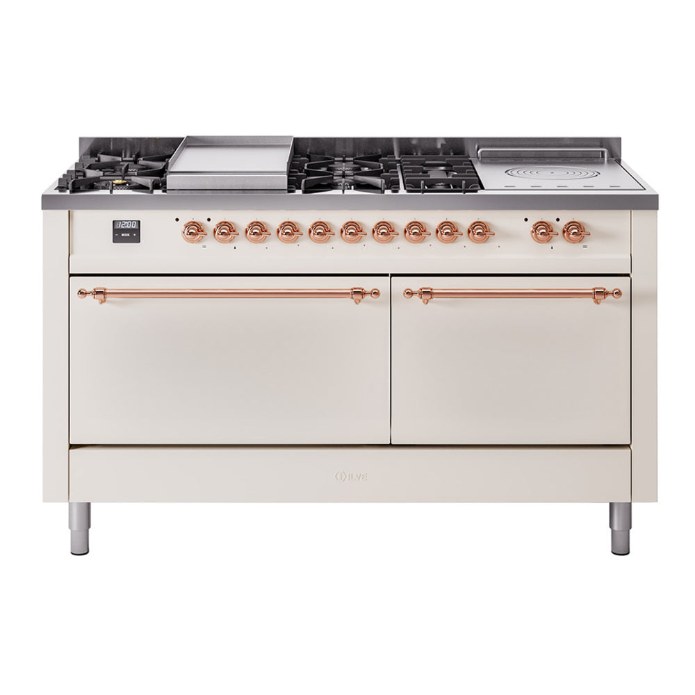 Ilve UP60FSQNMPAWP Nostalgie Ii 60 Inch Dual Fuel Natural Gas Freestanding Range In Antique White With Copper Trim