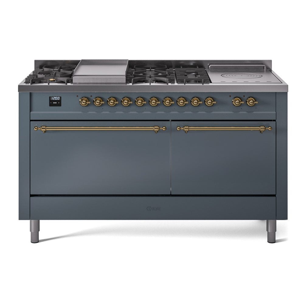 Ilve UP60FSQNMPBGG Nostalgie Ii 60 Inch Dual Fuel Natural Gas Freestanding Range In Blue Grey With Brass Trim