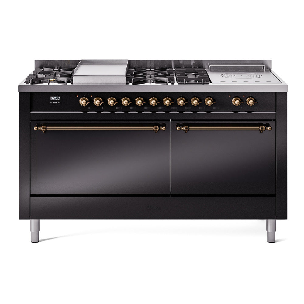 Ilve UP60FSQNMPBKB Nostalgie Ii 60 Inch Dual Fuel Natural Gas Freestanding Range In Glossy Black With Bronze Trim