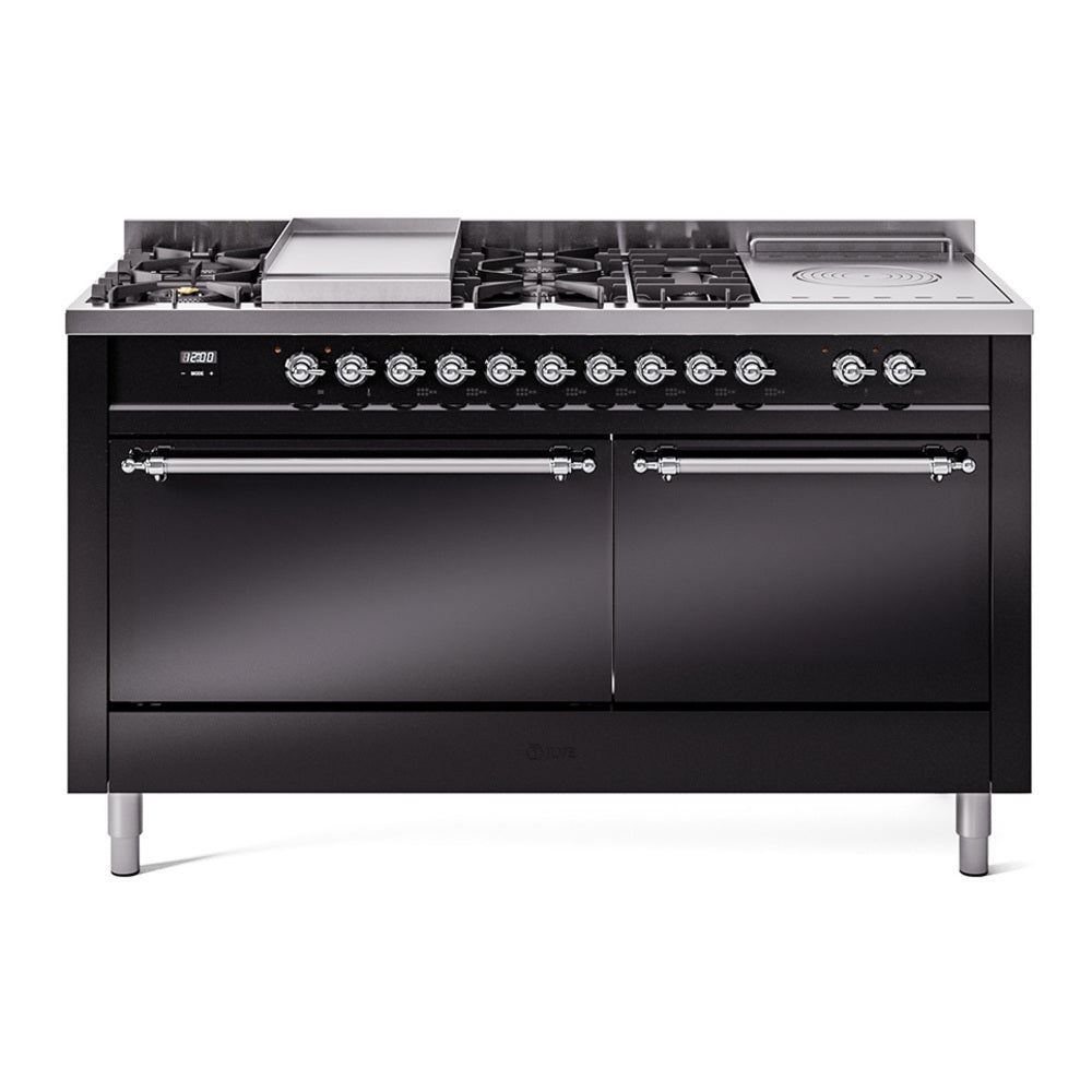 Ilve UP60FSQNMPBKC Nostalgie Ii 60 Inch Dual Fuel Natural Gas Freestanding Range In Glossy Black With Chrome Trim