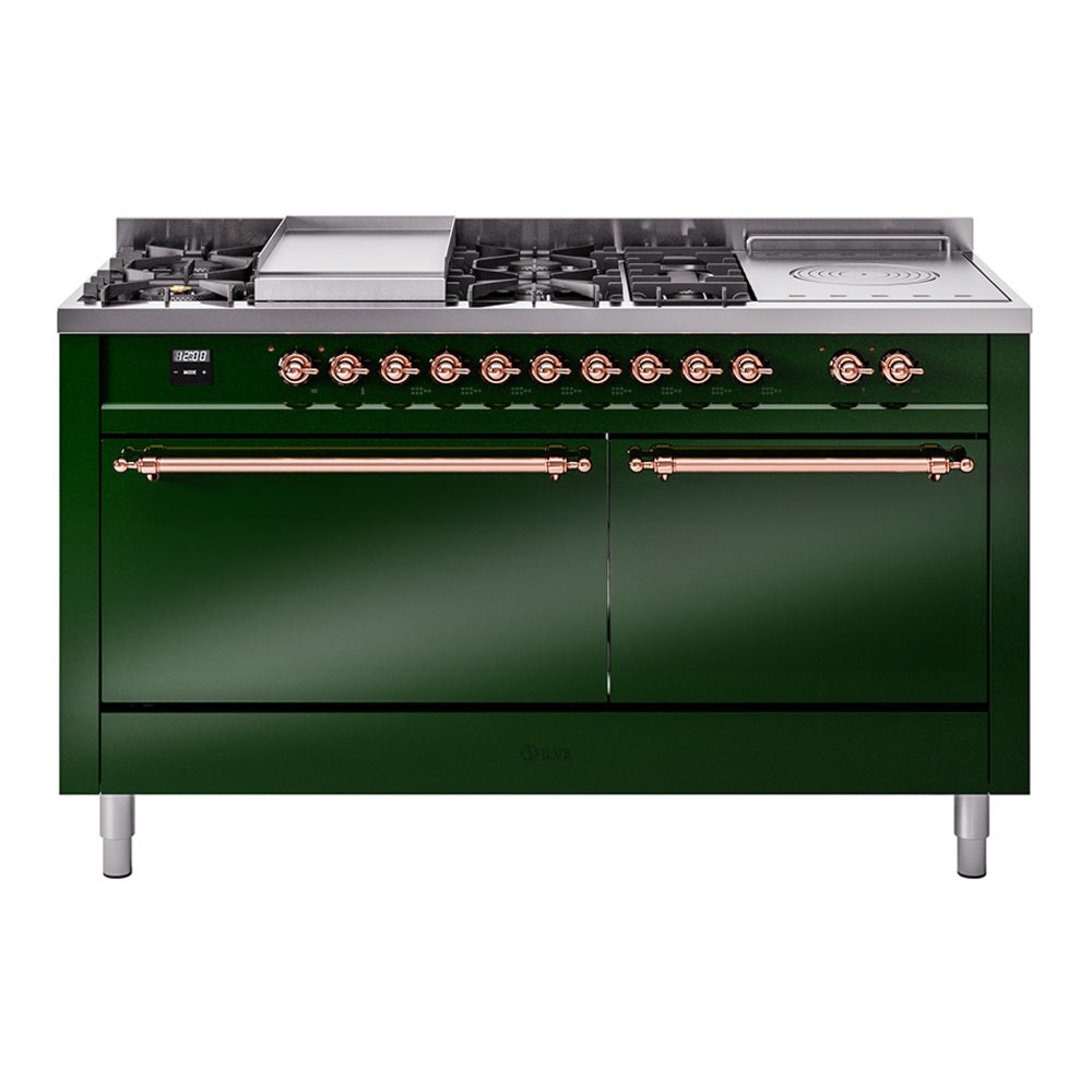 Ilve UP60FSQNMPEGP Nostalgie Ii 60 Inch Dual Fuel Natural Gas Freestanding Range In Emerald Green With Copper Trim