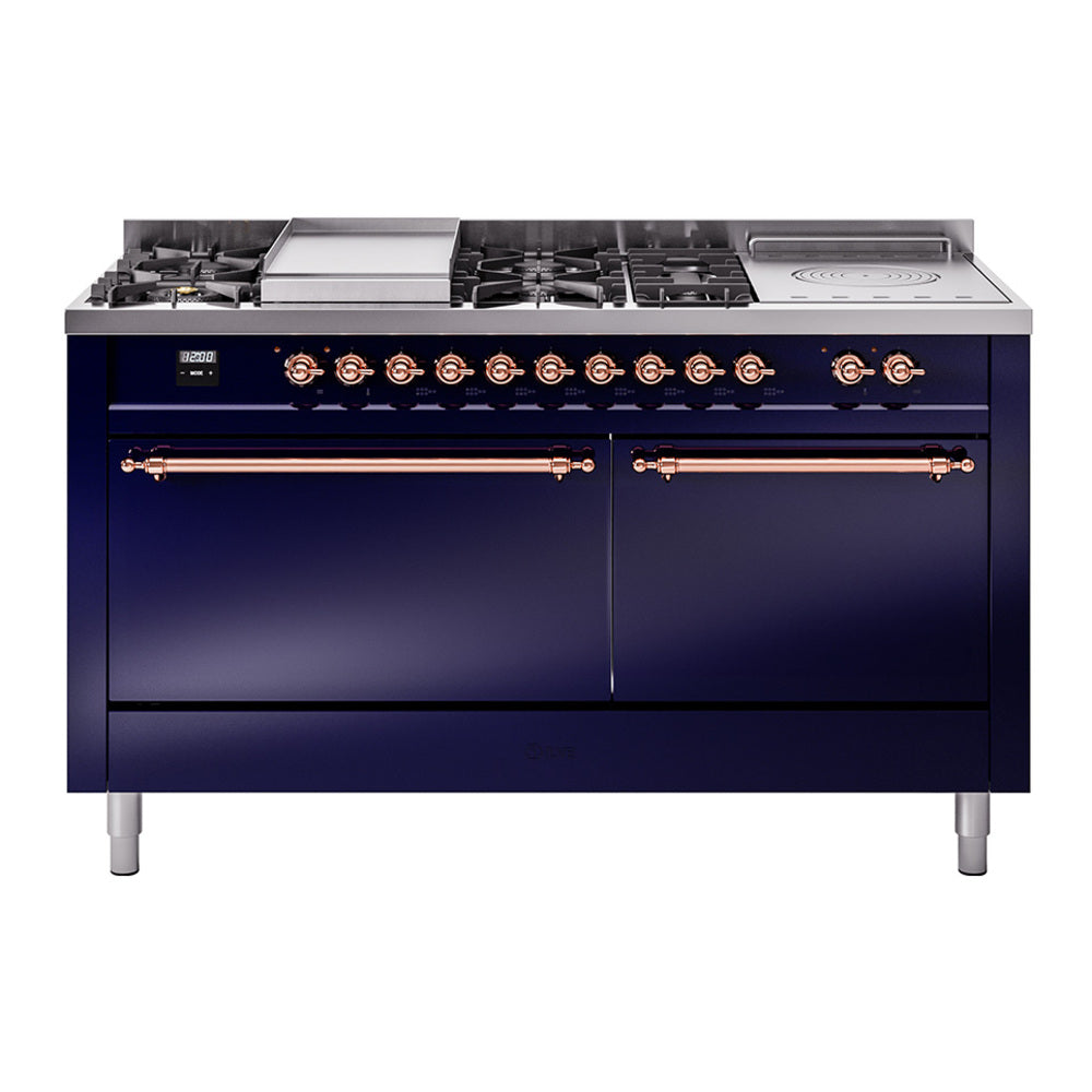 Ilve UP60FSQNMPMBP Nostalgie Ii 60 Inch Dual Fuel Natural Gas Freestanding Range In Blue With Copper Trim