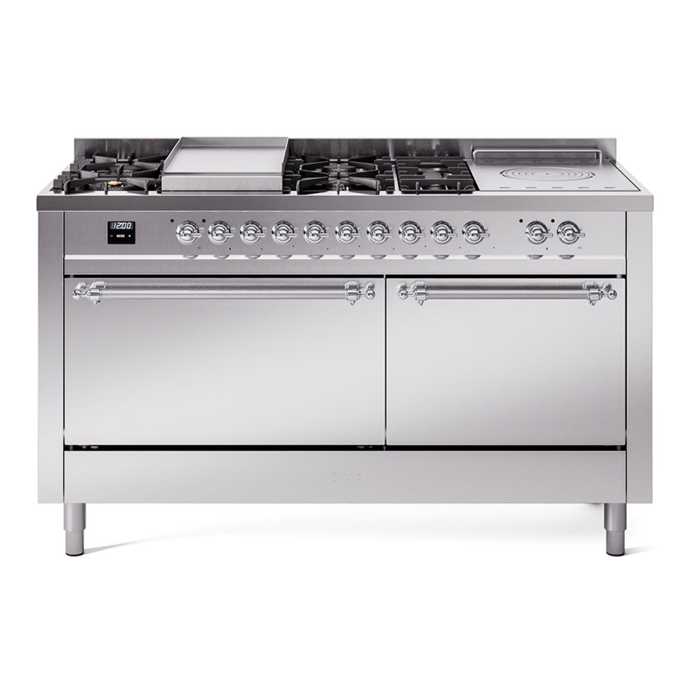 Ilve UP60FSQNMPSSC Nostalgie Ii 60 Inch Dual Fuel Natural Gas Freestanding Range In Stainless Steel With Chrome Trim