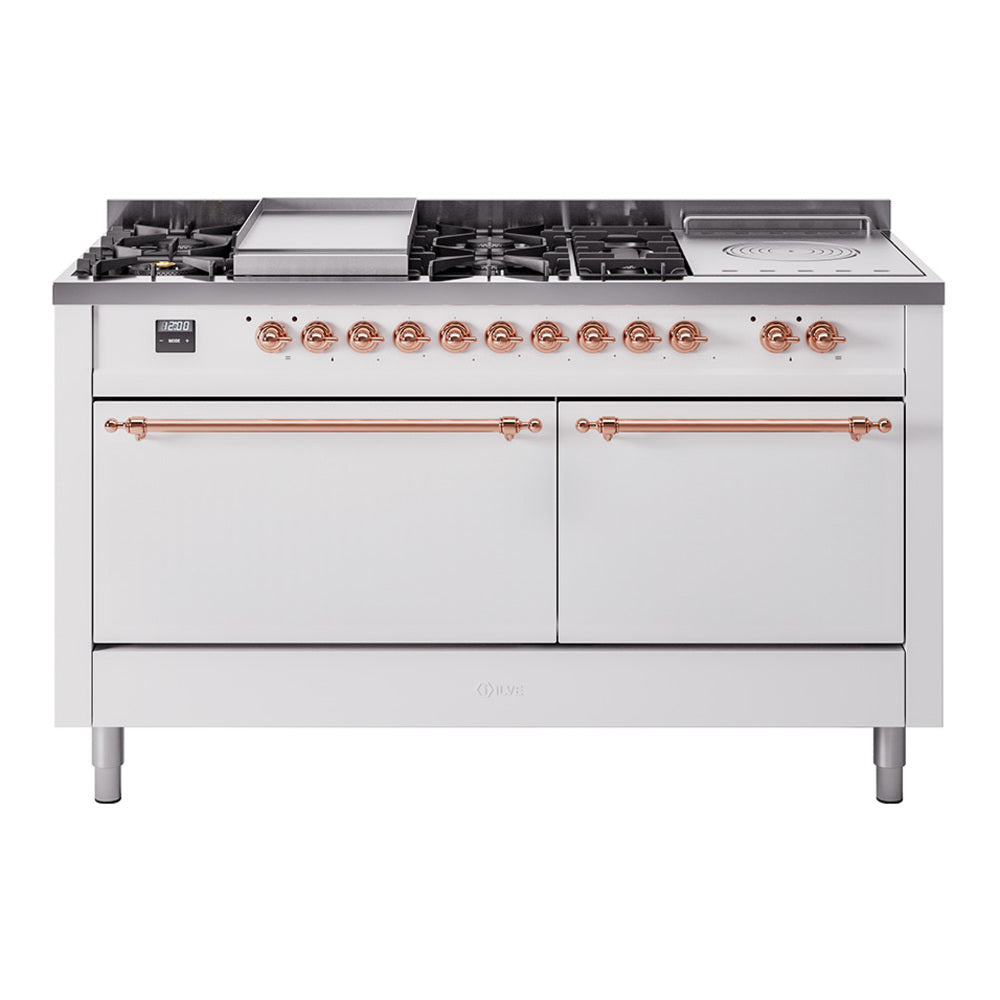 Ilve UP60FSQNMPWHP Nostalgie Ii 60 Inch Dual Fuel Natural Gas Freestanding Range In White With Copper Trim